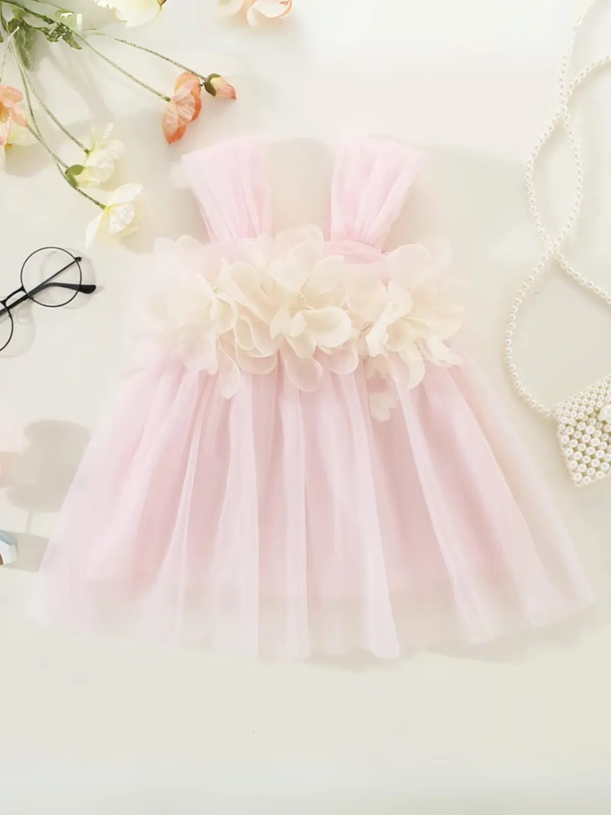 Girls Elegant Floral Tulle Sleeveless Party Dress