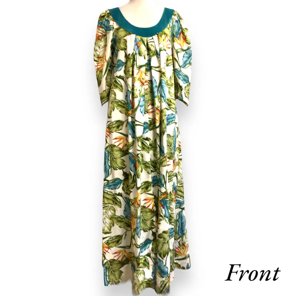 Green Velvet Collar Birds Paradise & Hawaiian Leaf Muumuu Dress 2081