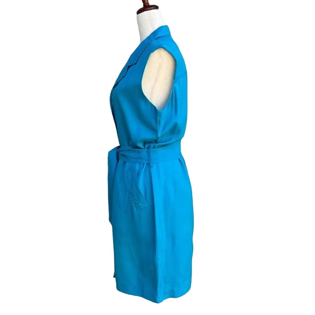 Jacqueline Ferrar Vintage Silk Linen Sleeveless Teal Button-Down Belted Dress 14