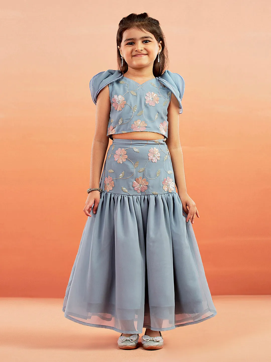 Jashvi Girls' Aqua Lehenga Set