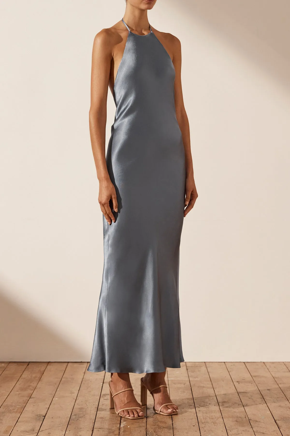 LA LUNE LOW BACK HALTER NECK MIDI DRESS - BLUE SMOKE