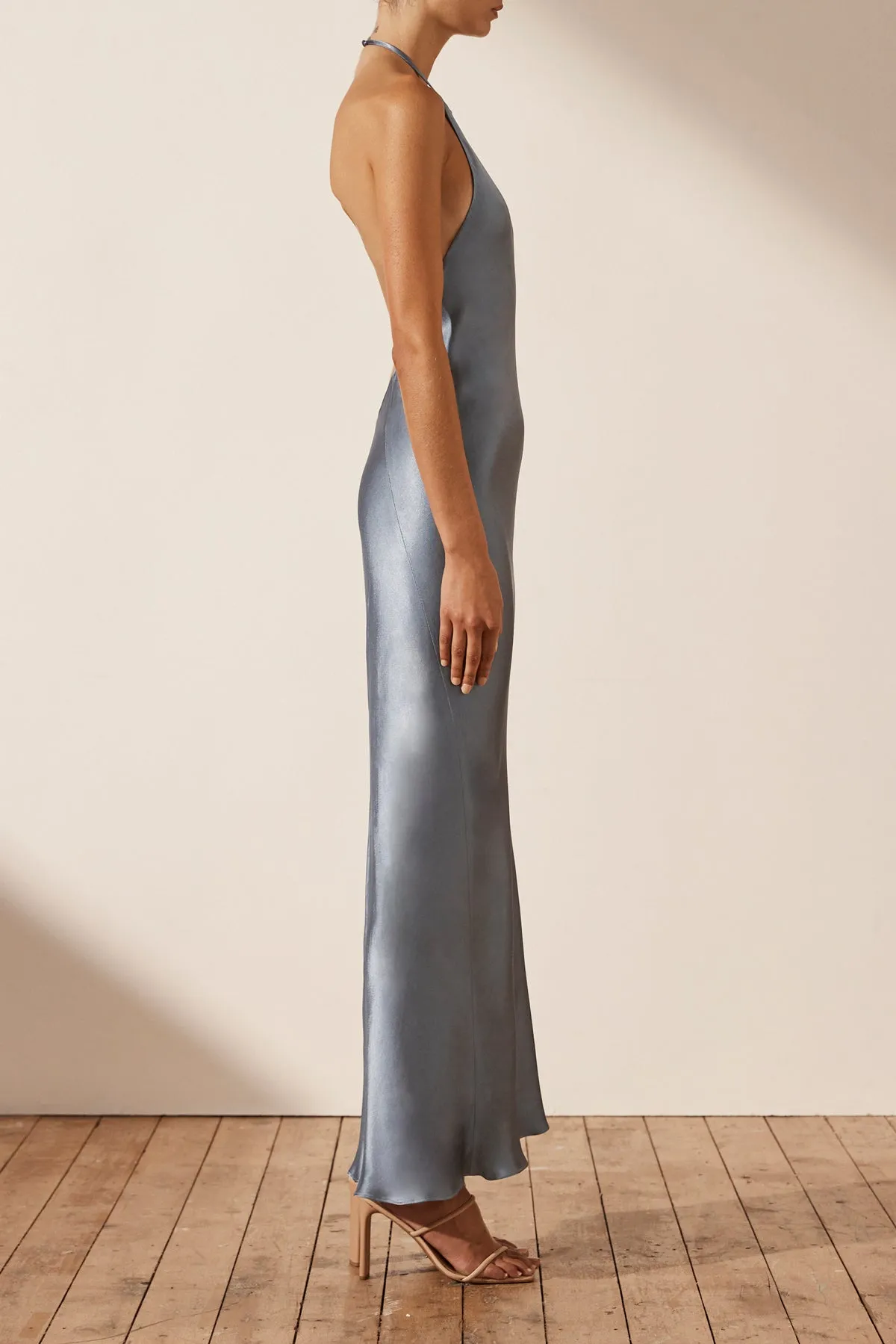 LA LUNE LOW BACK HALTER NECK MIDI DRESS - BLUE SMOKE