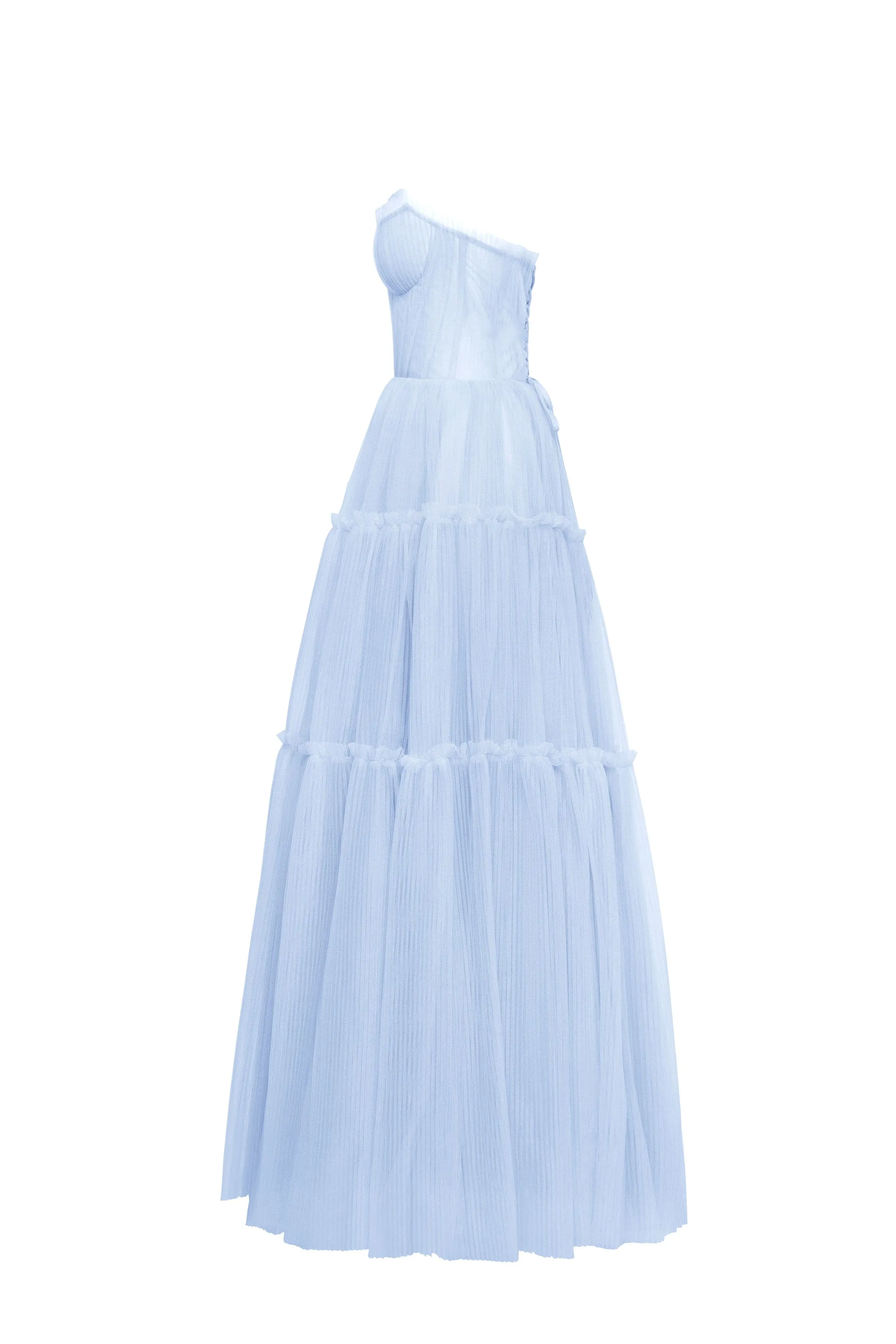 Light blue tulle maxi dress with ruffled skirt, Garden of Eden