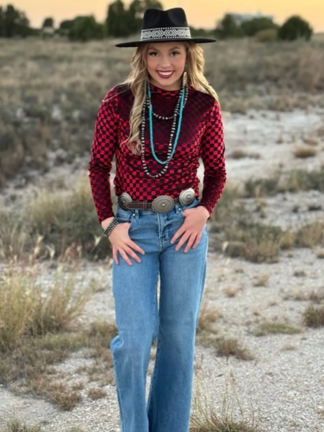 Mariah Black & Red Velvet Mesh Top