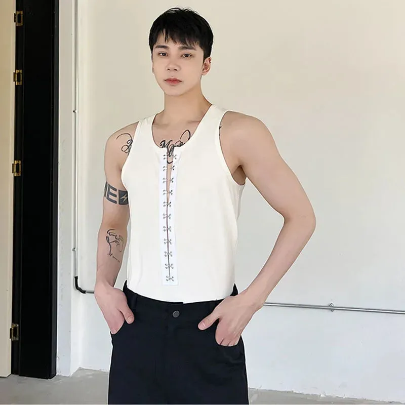 Men's Vest Personalized Metal Buckle Design Solid Color Slim Male Sleeveless Tops Stylish Men Wear Spring 9A3251