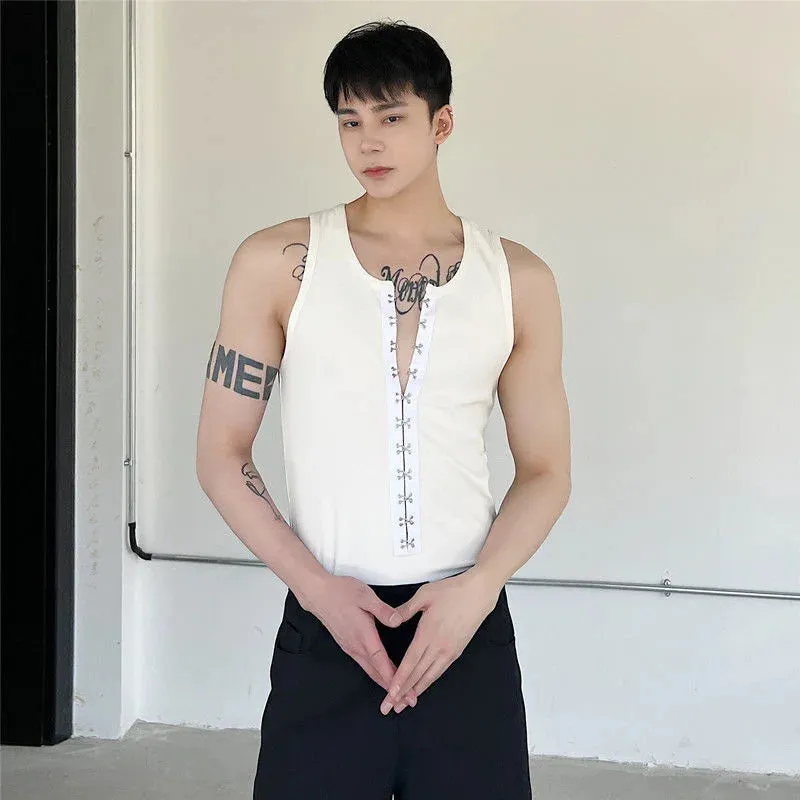 Men's Vest Personalized Metal Buckle Design Solid Color Slim Male Sleeveless Tops Stylish Men Wear Spring 9A3251