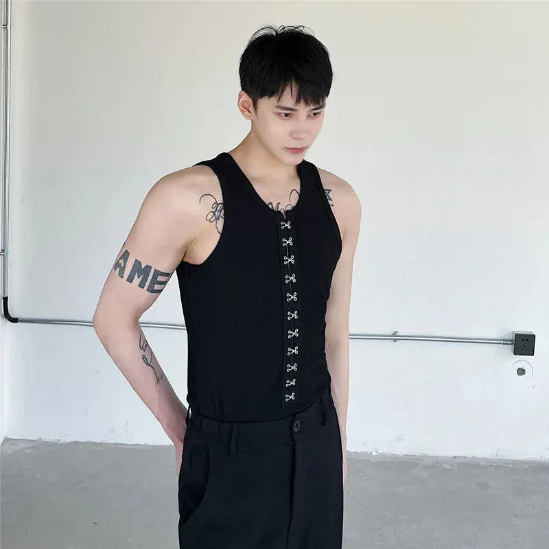 Men's Vest Personalized Metal Buckle Design Solid Color Slim Male Sleeveless Tops Stylish Men Wear Spring 9A3251