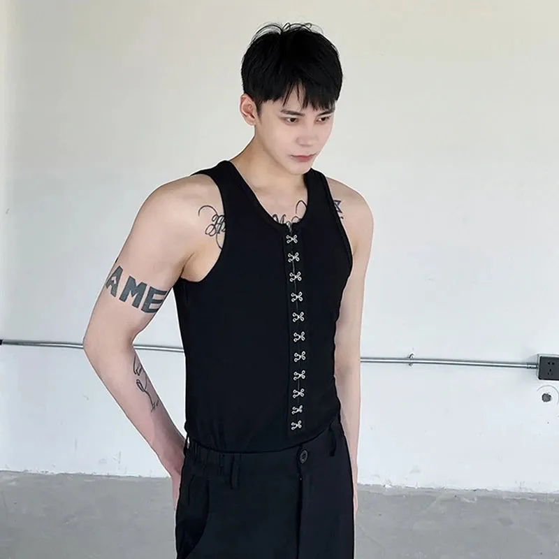 Men's Vest Personalized Metal Buckle Design Solid Color Slim Male Sleeveless Tops Stylish Men Wear Spring 9A3251