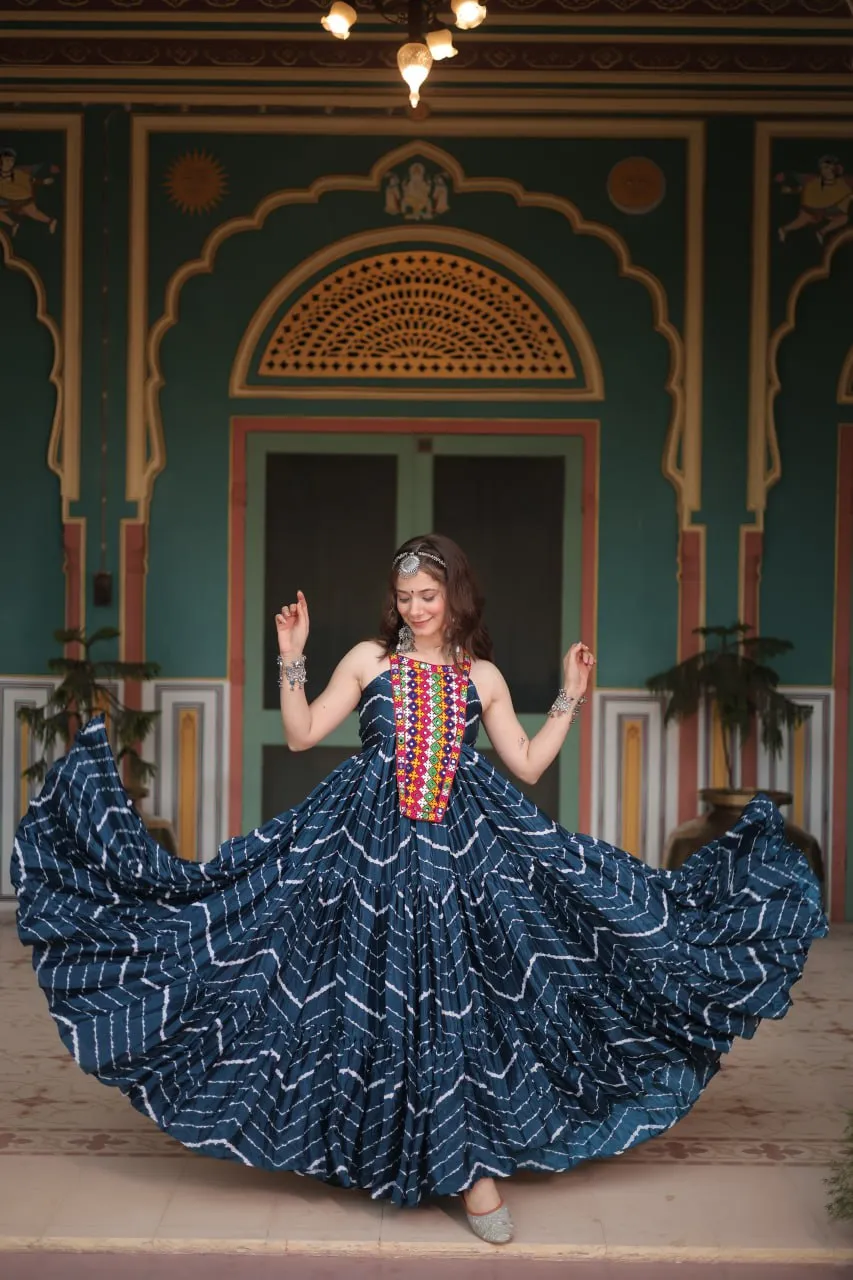 Navy Blue Graceful Leheriya Print Gown with Kutchi Patchwork