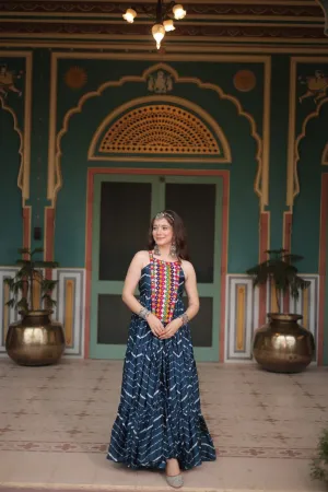 Navy Blue Graceful Leheriya Print Gown with Kutchi Patchwork