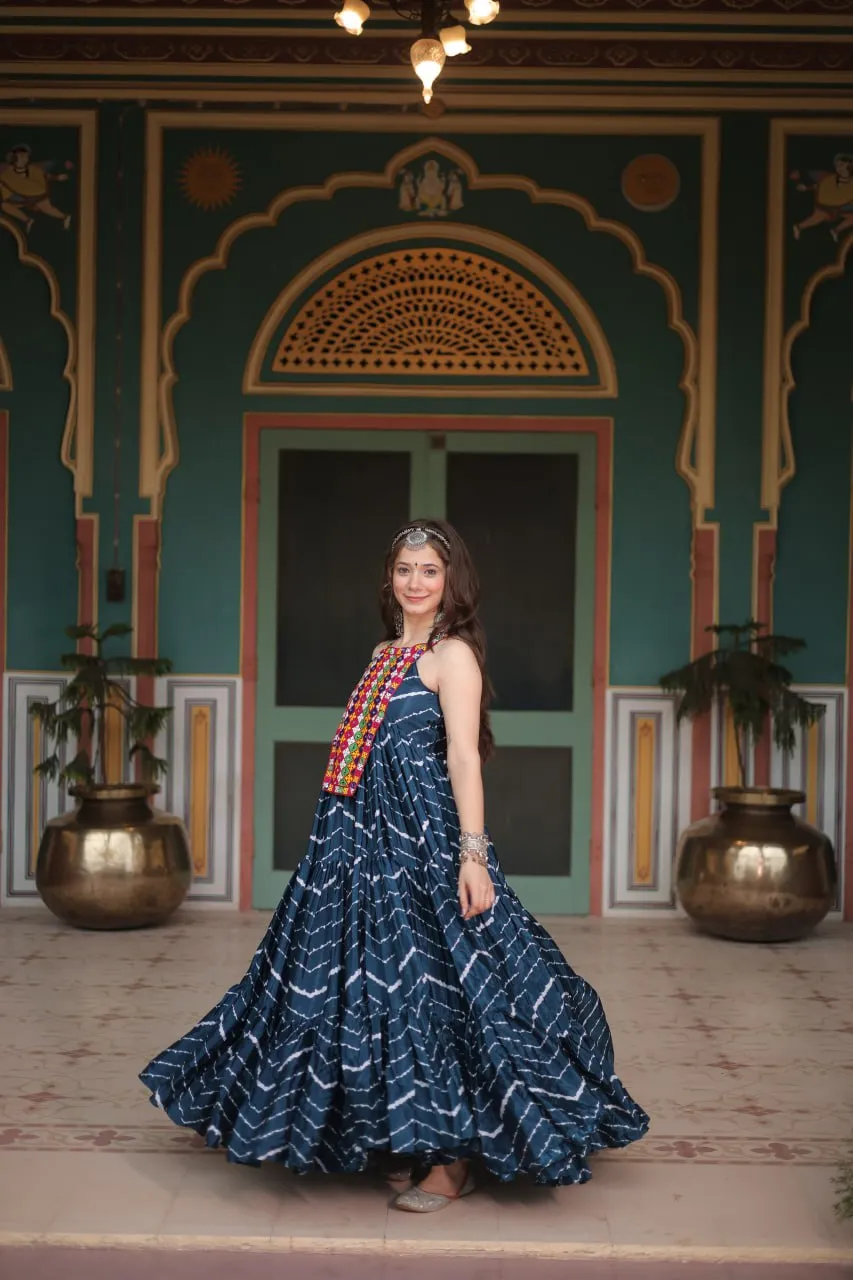 Navy Blue Graceful Leheriya Print Gown with Kutchi Patchwork