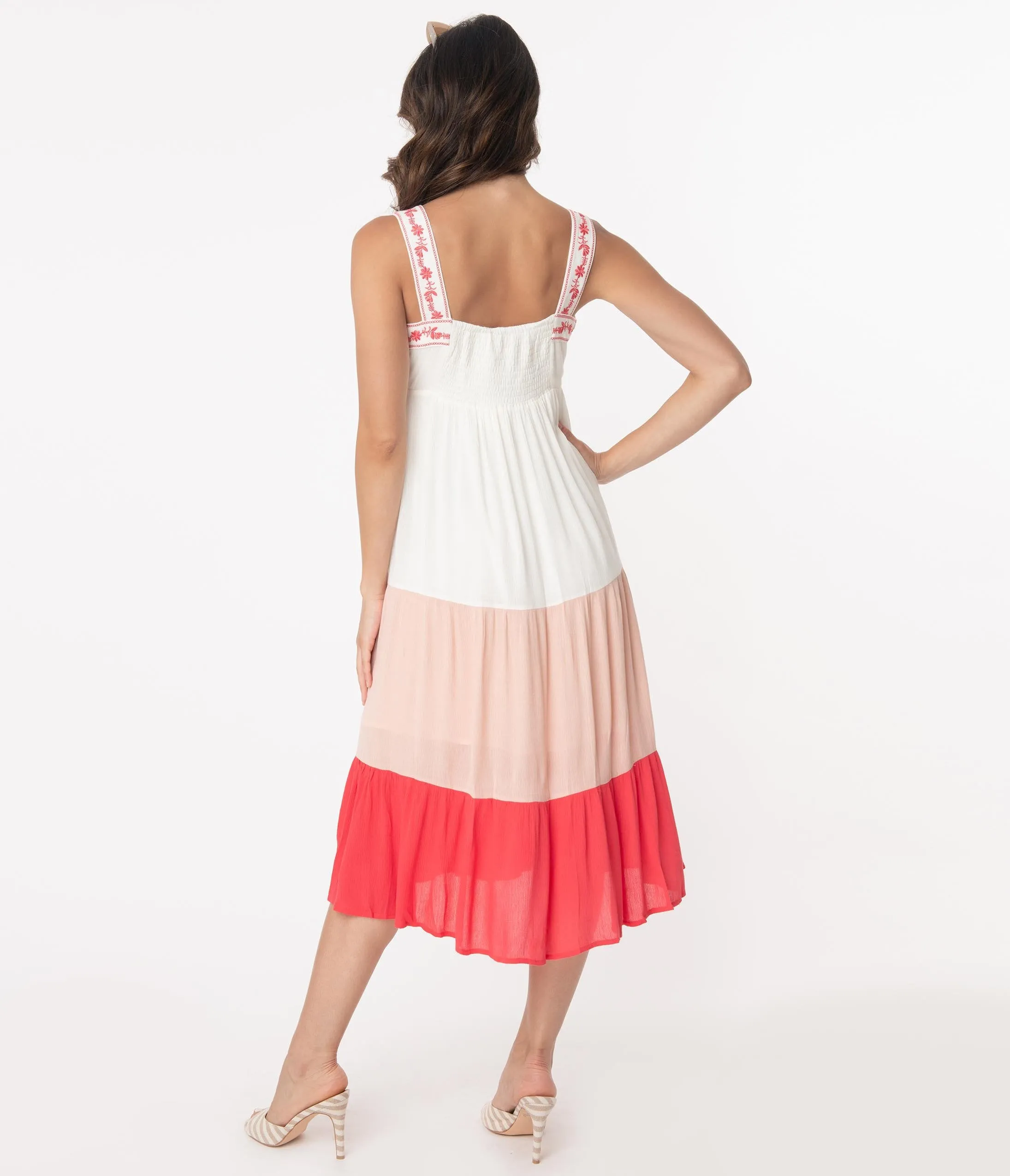 Off White & Coral Tiered Coloblock Maxi Dress