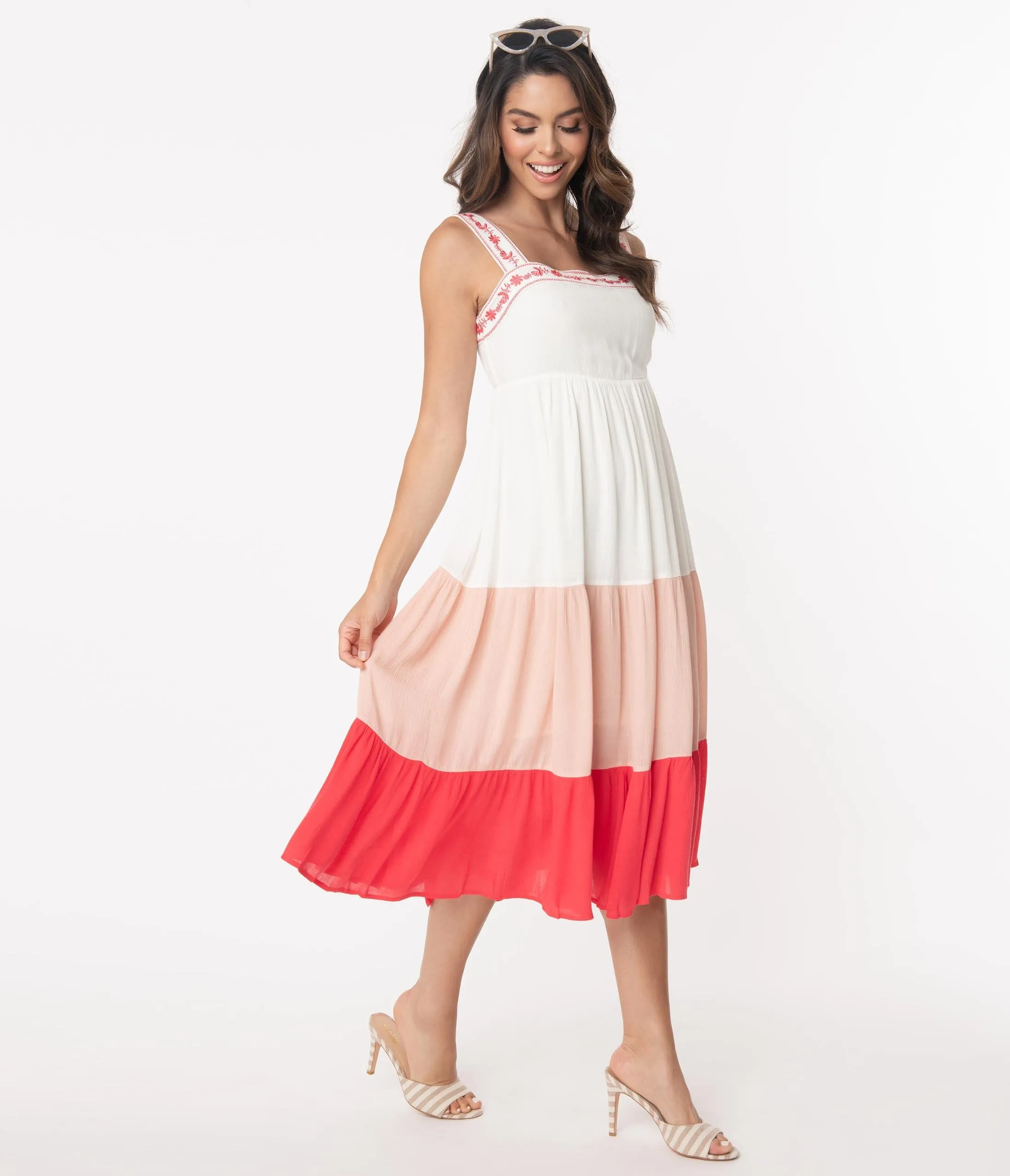 Off White & Coral Tiered Coloblock Maxi Dress