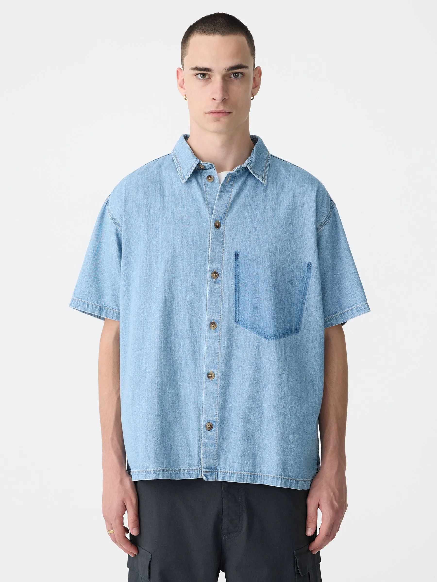 organic denim boxy short sleeve shirt