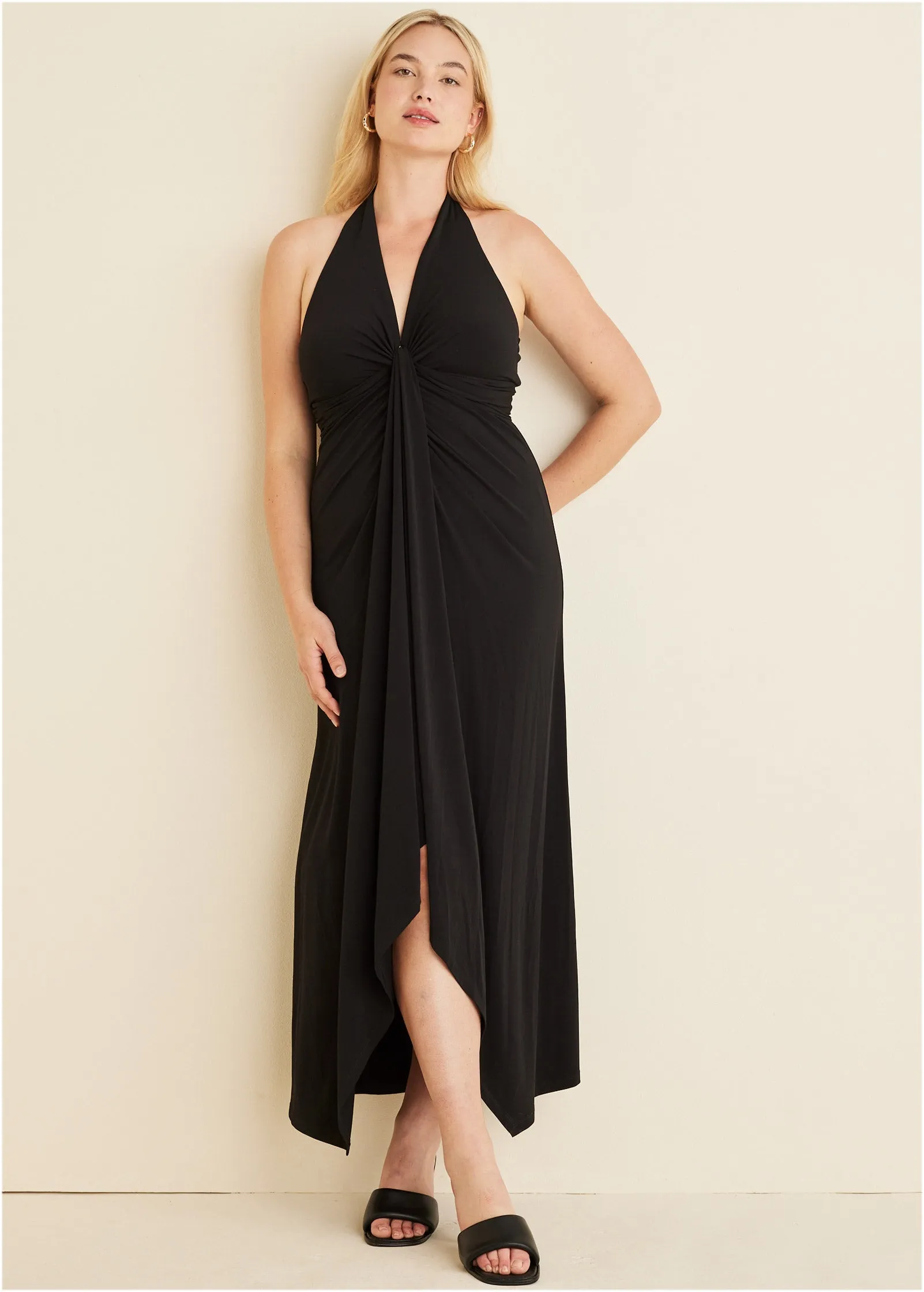 Plunging Knot Maxi Dress - Black