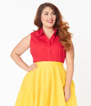 Plus Size Retro Red Sleeveless Collared Cotton Button Up Blouse