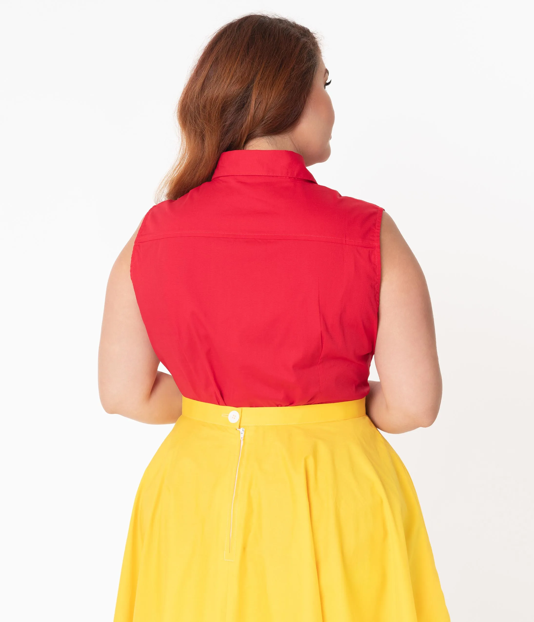 Plus Size Retro Red Sleeveless Collared Cotton Button Up Blouse