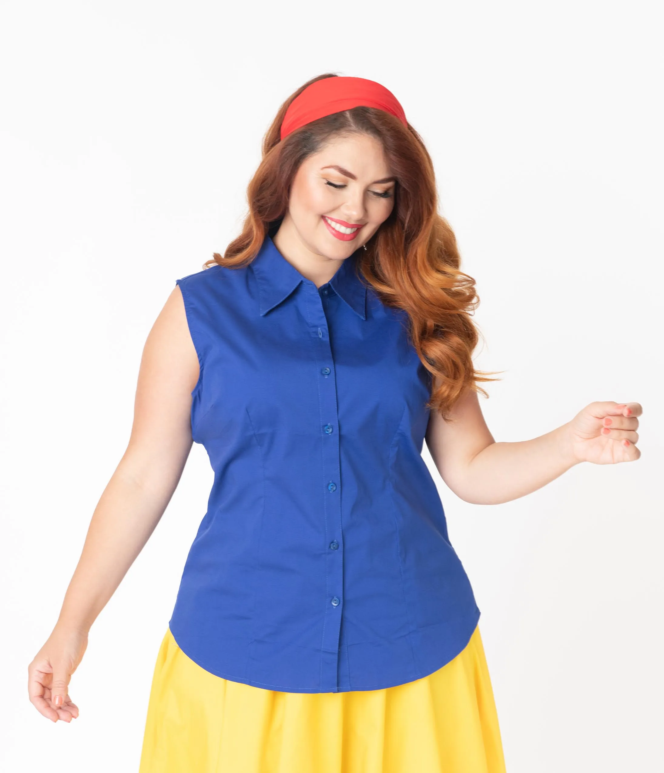 Plus Size Royal Blue Sleeveless Collared Cotton Button Up Blouse