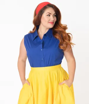 Plus Size Royal Blue Sleeveless Collared Cotton Button Up Blouse