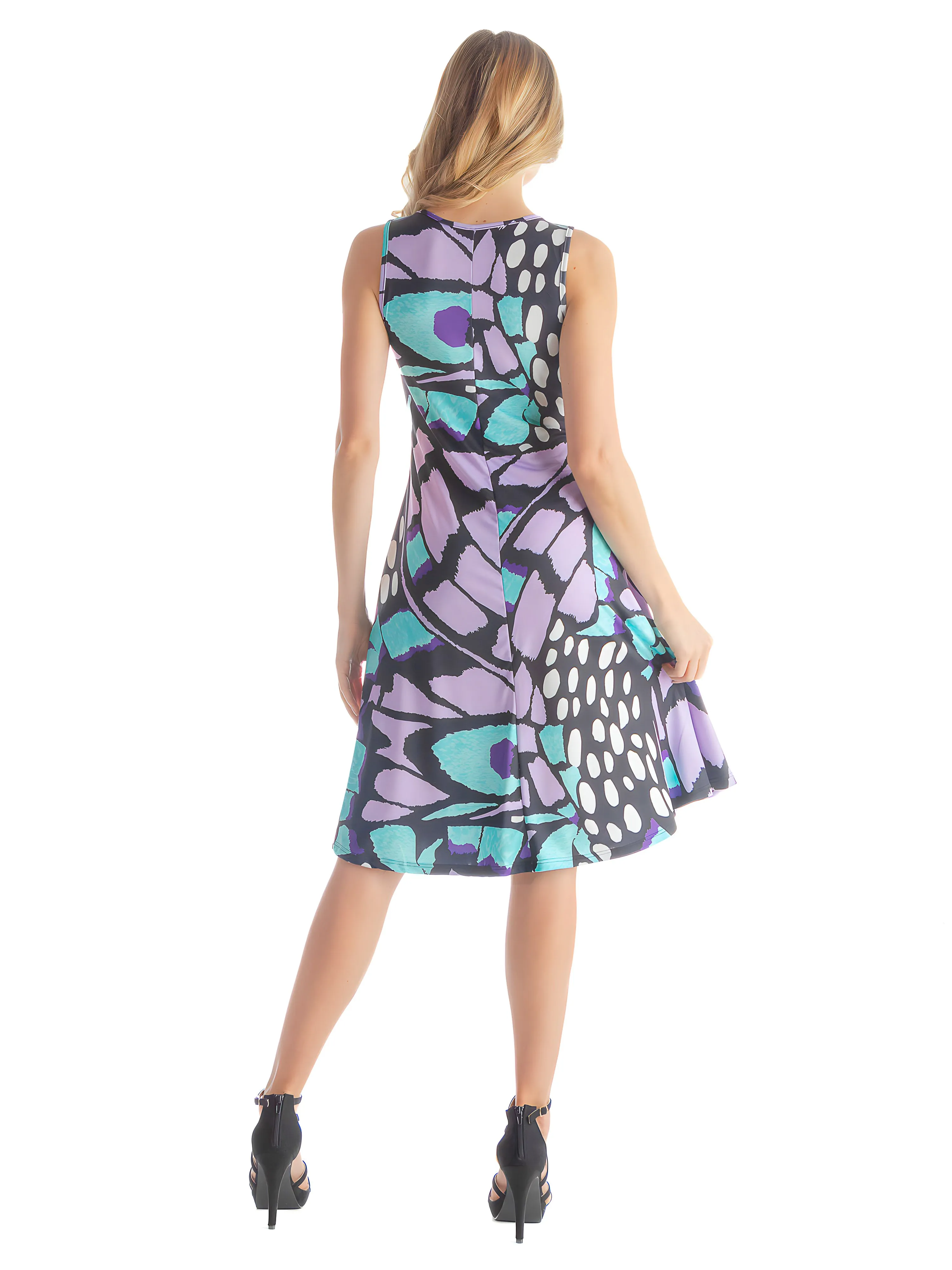 Purple Butterfly Print Womens Sleeveless Knee Length Tank Swing Dress