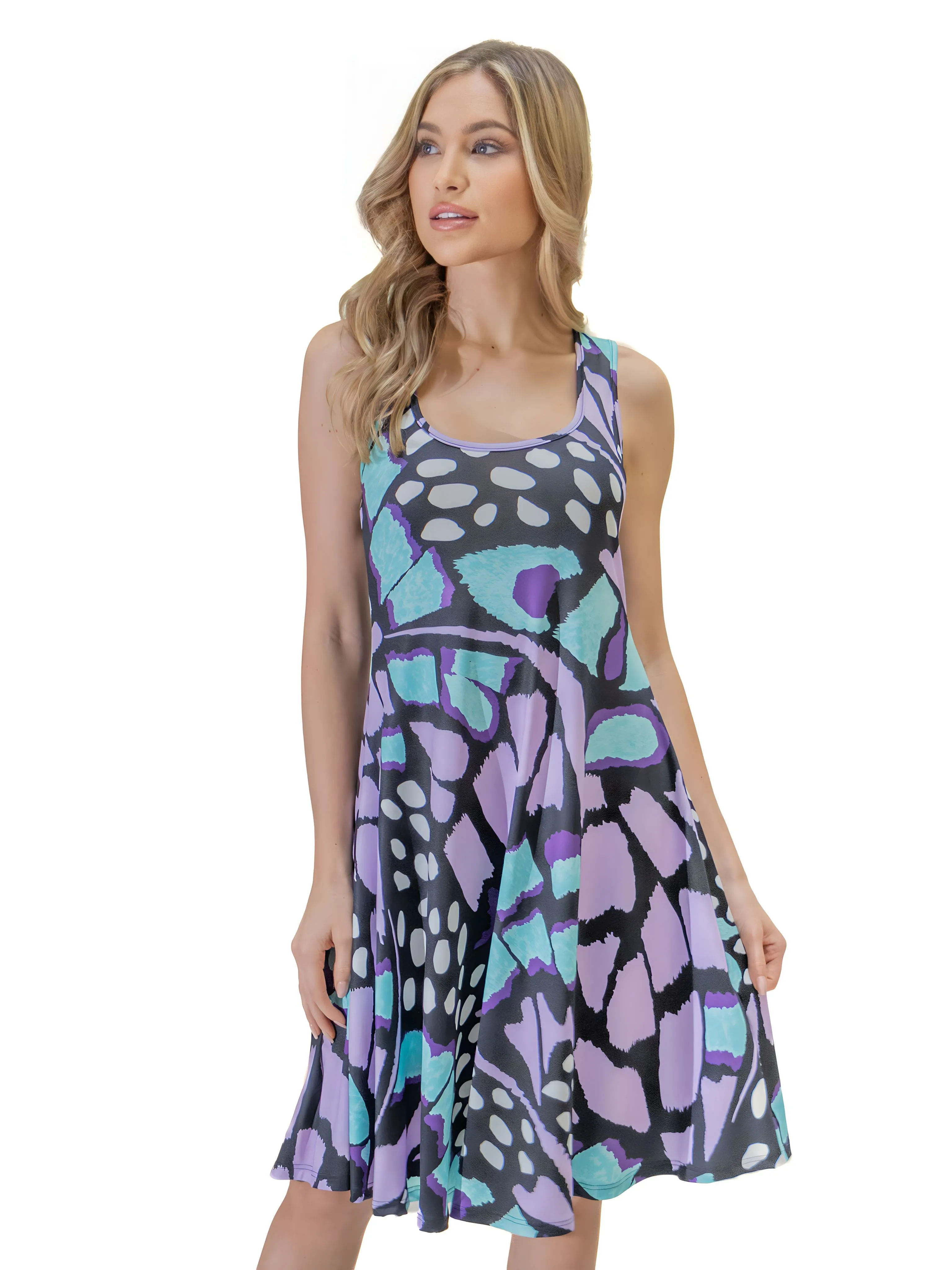 Purple Butterfly Print Womens Sleeveless Knee Length Tank Swing Dress