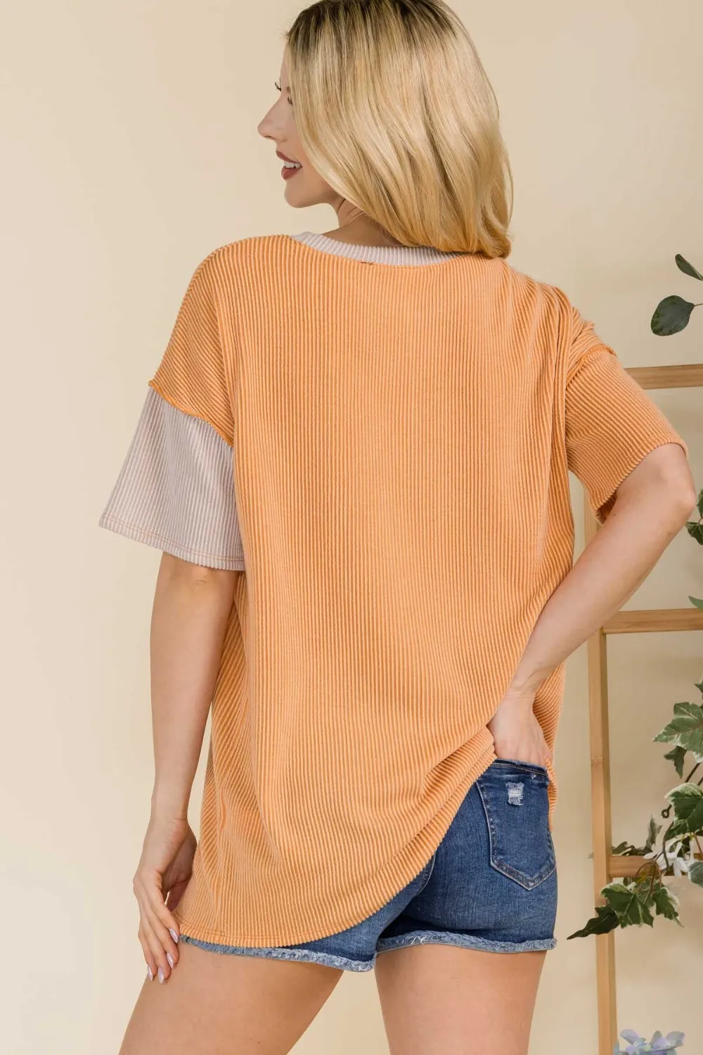 Ribbed Color Block Short Sleeve T-Shirt