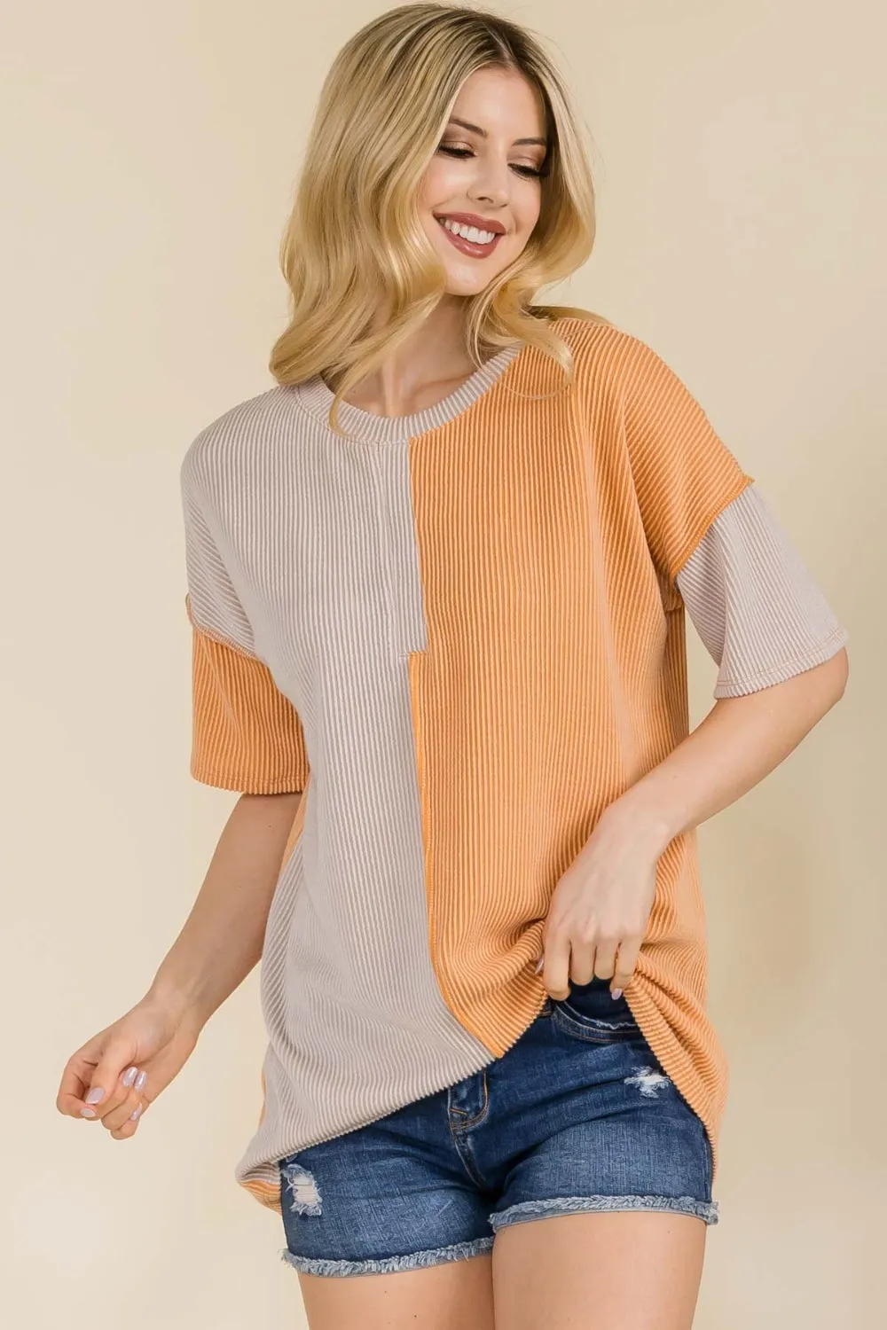 Ribbed Color Block Short Sleeve T-Shirt