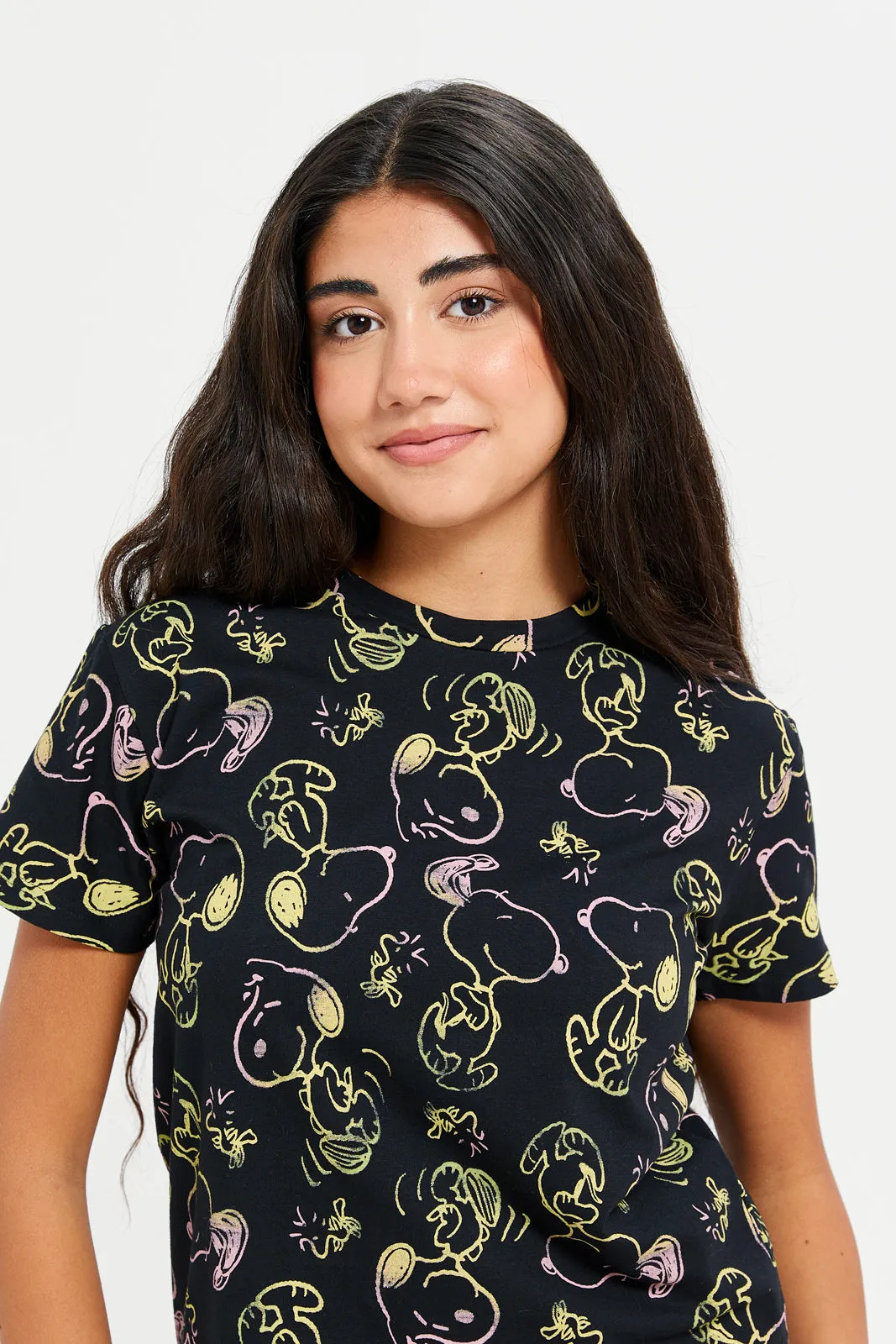 Senior Girls Black Snoopy Boxy T-Shirt