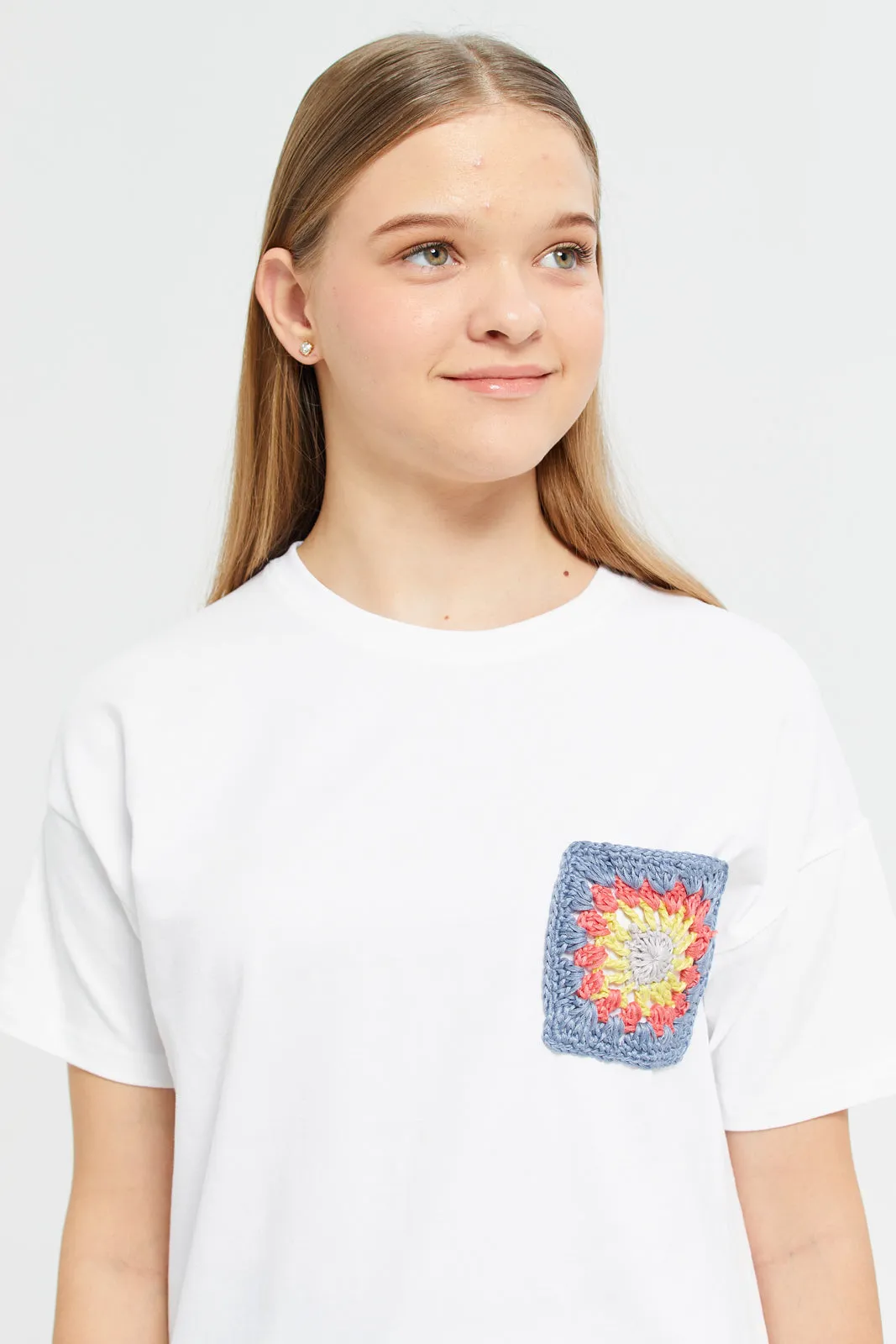 Senior Girls White Crochet Pocket T-Shirt