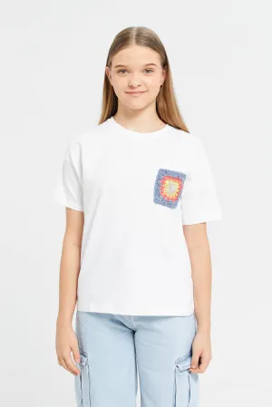 Senior Girls White Crochet Pocket T-Shirt