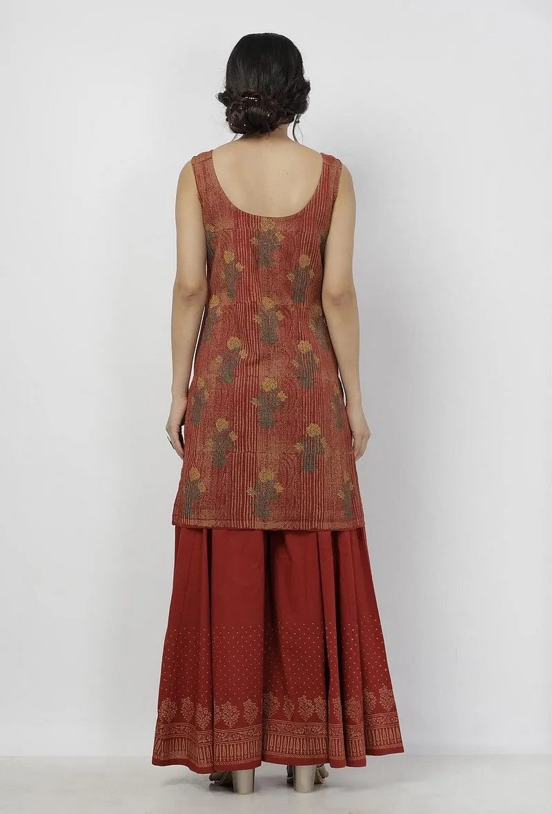 Set of 2: Gerua Maroon Floral Hand-Block Printed Sleeveless Cotton Short Kurta with Printed Cotton Palazzo