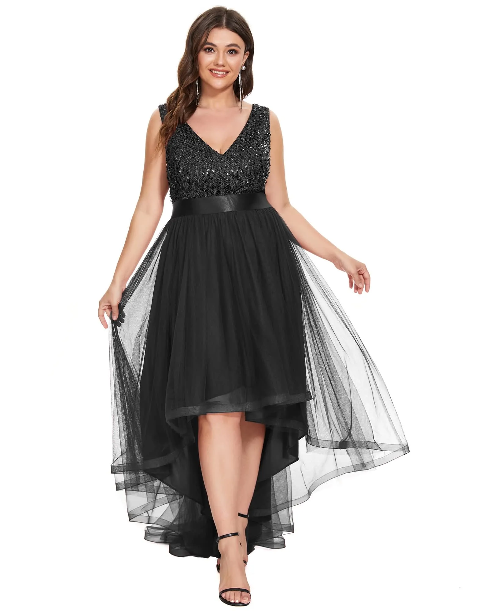 Sleeveless Sequin Ribbon Waist Tulle High Low Evening Dress | Black