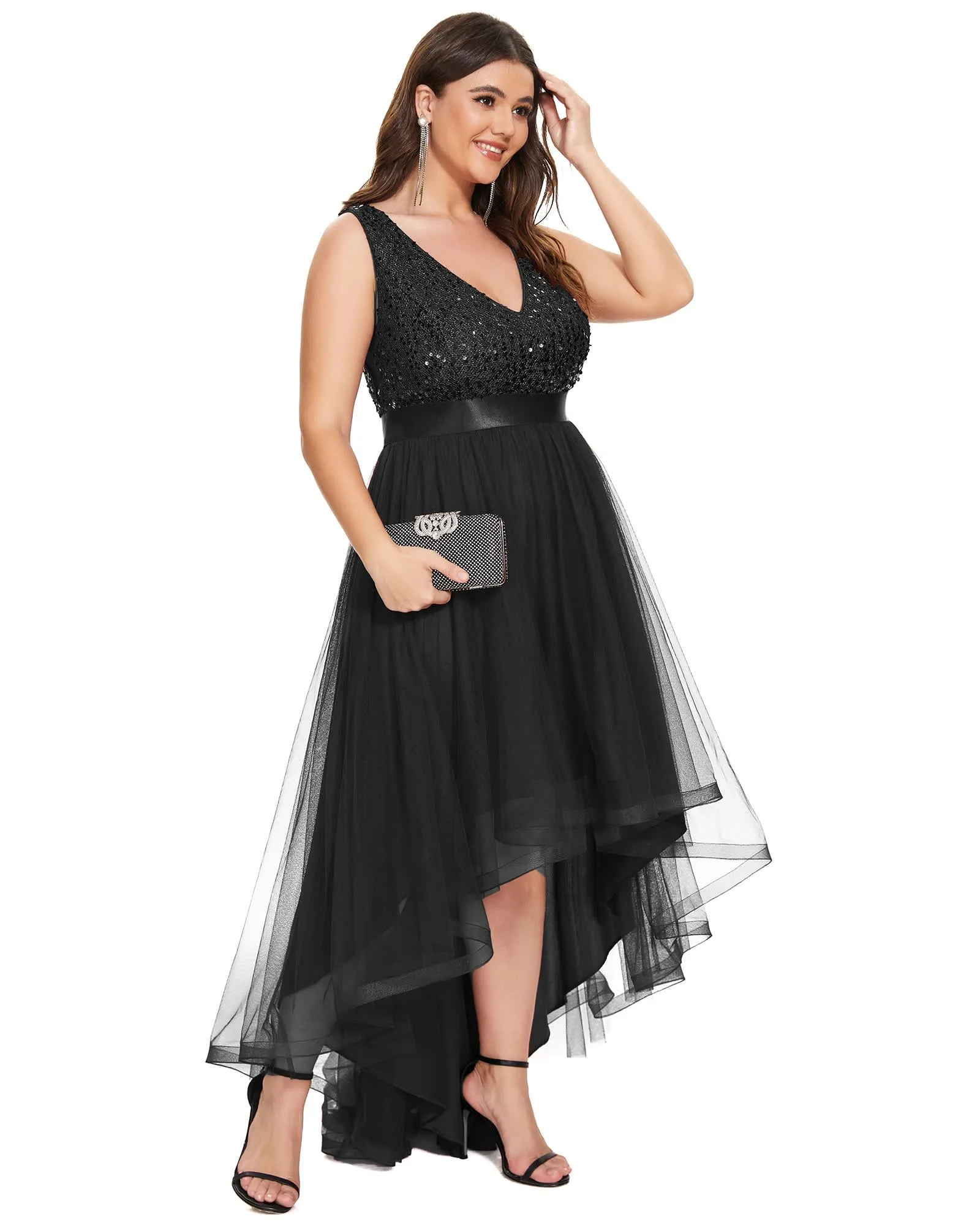 Sleeveless Sequin Ribbon Waist Tulle High Low Evening Dress | Black