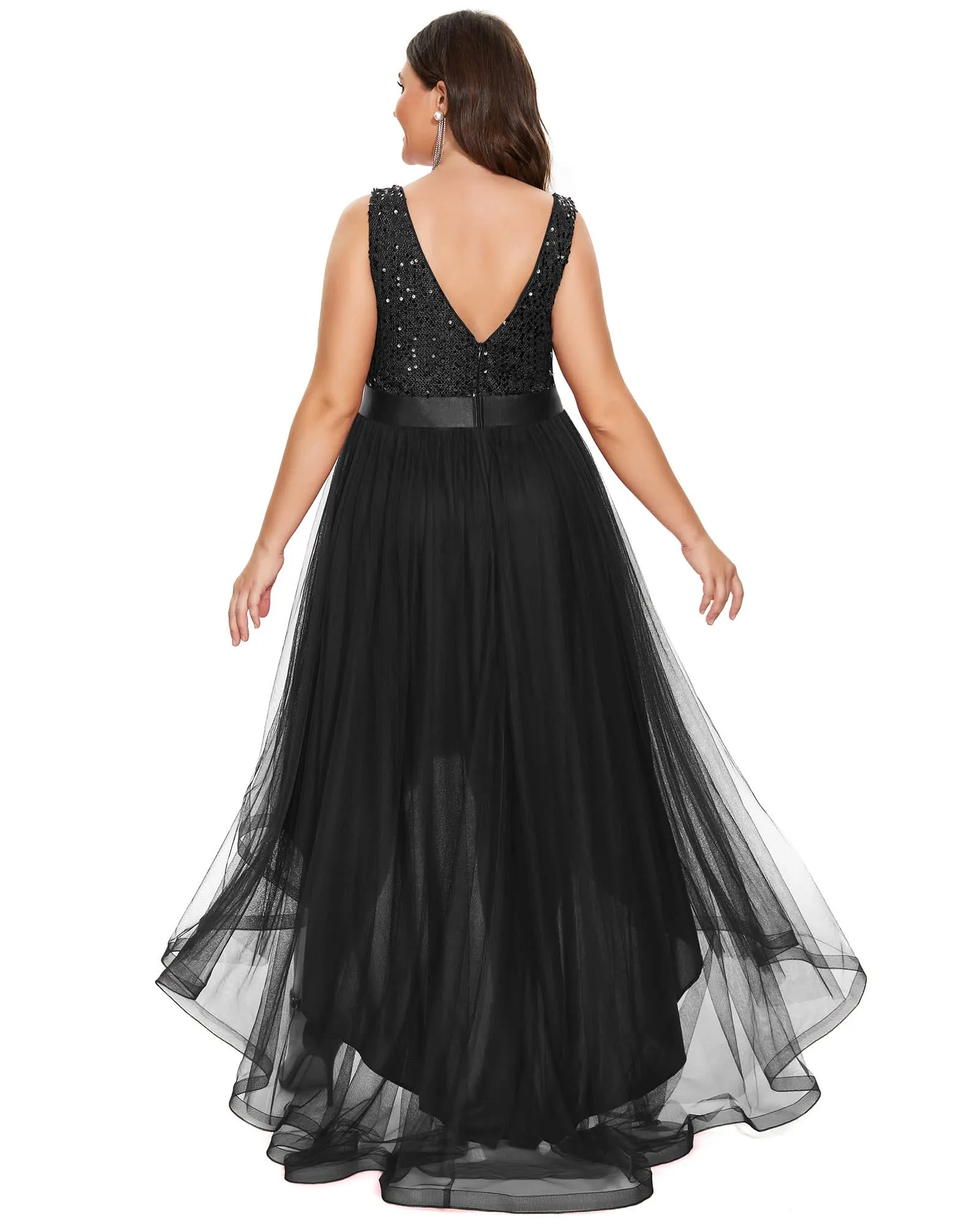 Sleeveless Sequin Ribbon Waist Tulle High Low Evening Dress | Black