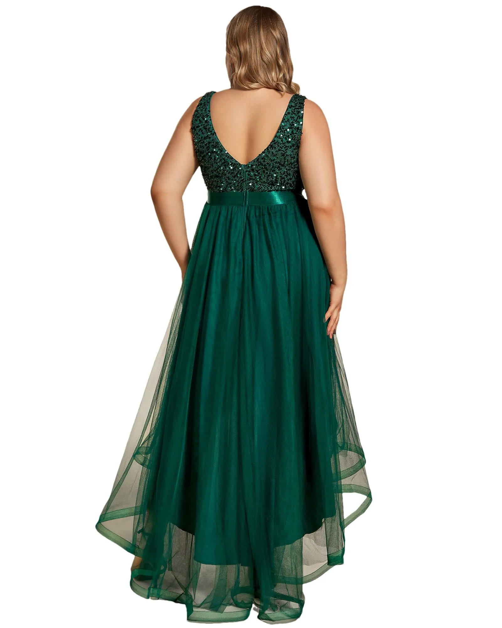 Sleeveless Sequin Ribbon Waist Tulle High Low Evening Dress | Dark Green