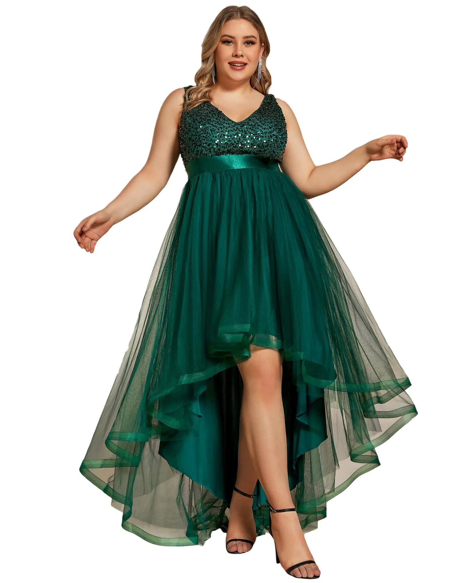 Sleeveless Sequin Ribbon Waist Tulle High Low Evening Dress | Dark Green