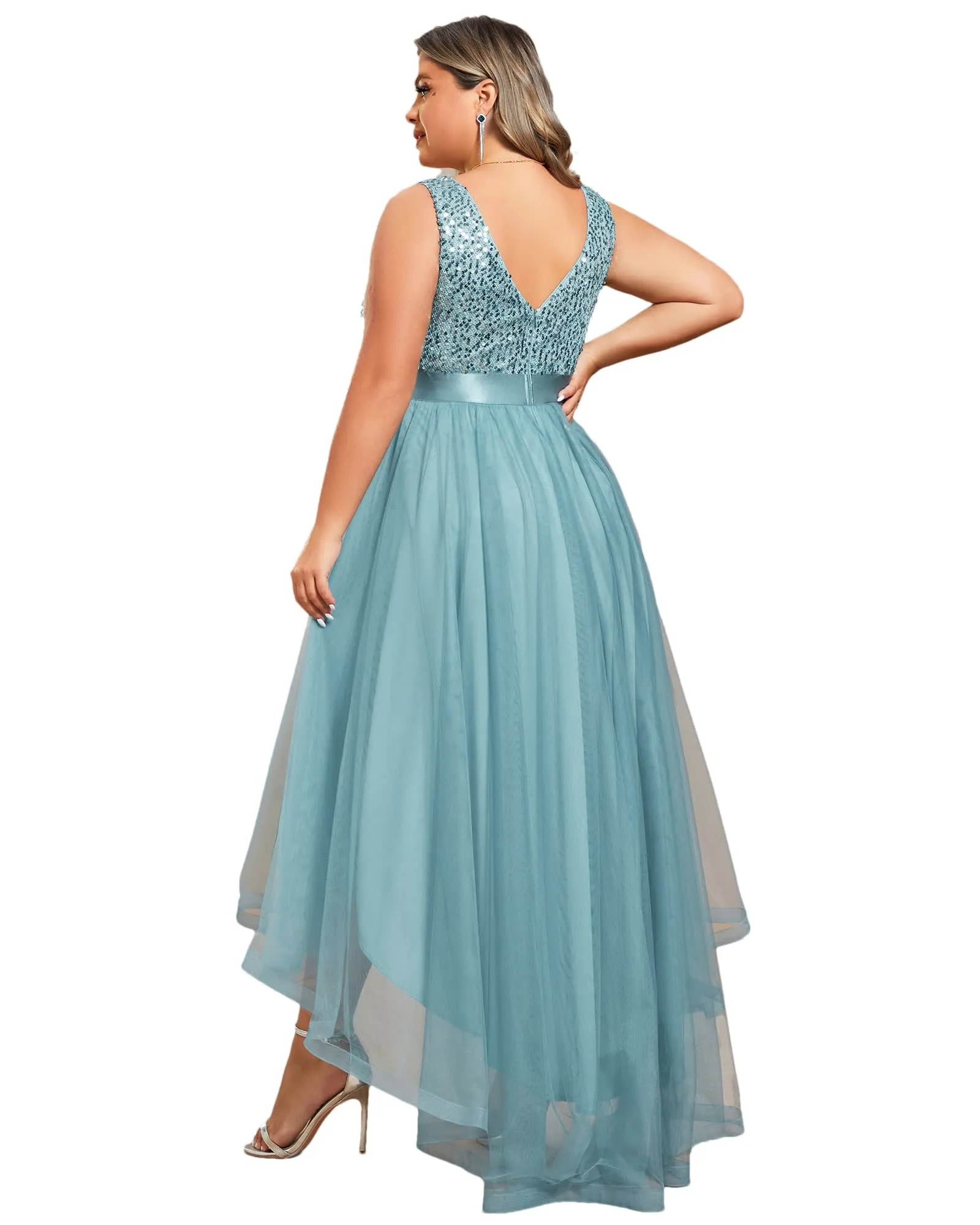 Sleeveless Sequin Ribbon Waist Tulle High Low Evening Dress | Dusty Blue