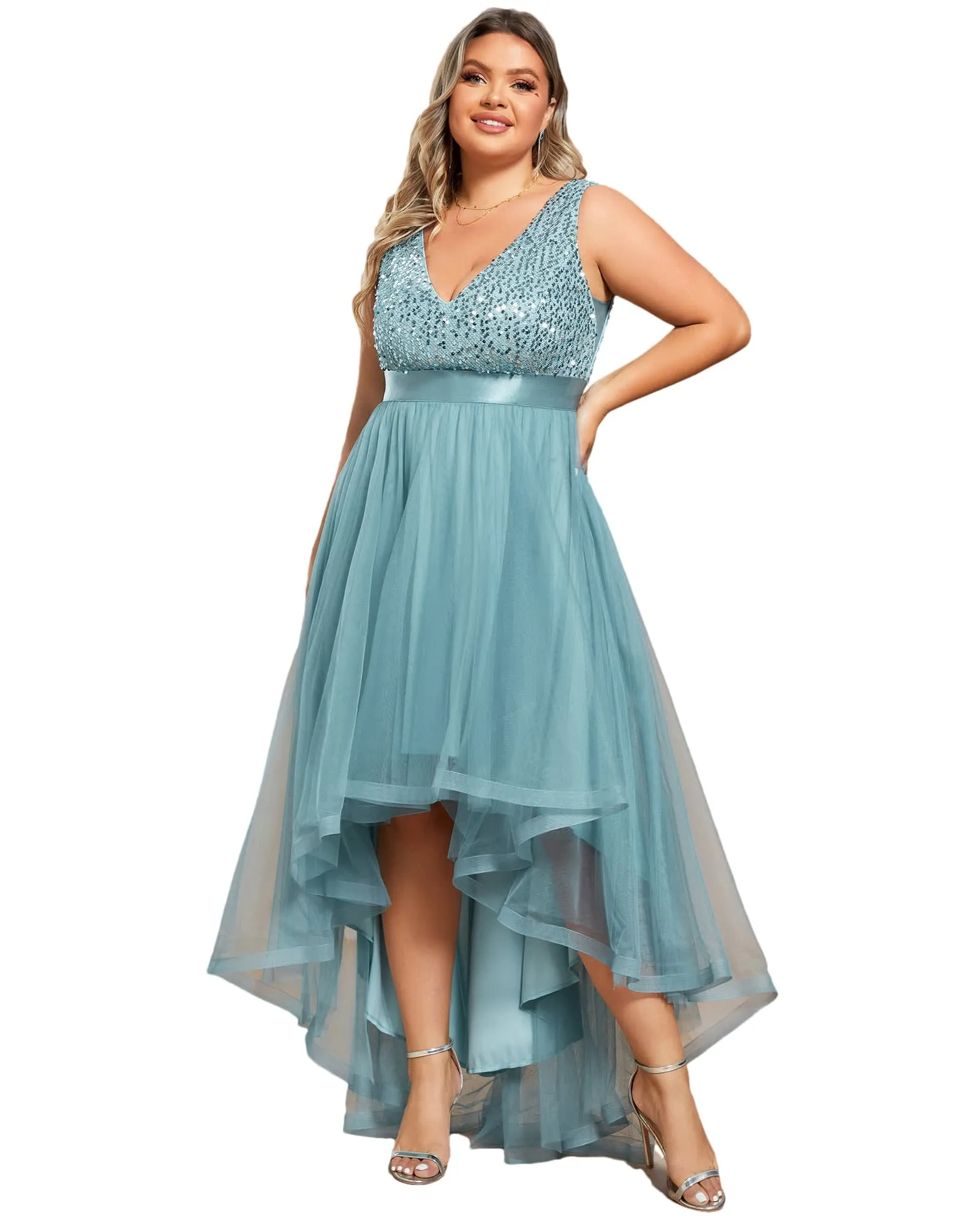 Sleeveless Sequin Ribbon Waist Tulle High Low Evening Dress | Dusty Blue