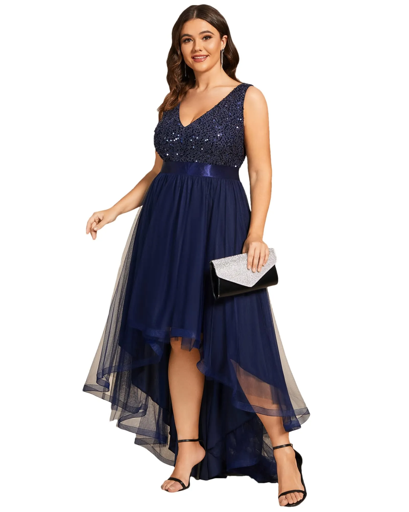 Sleeveless Sequin Ribbon Waist Tulle High Low Evening Dress | Navy Blue