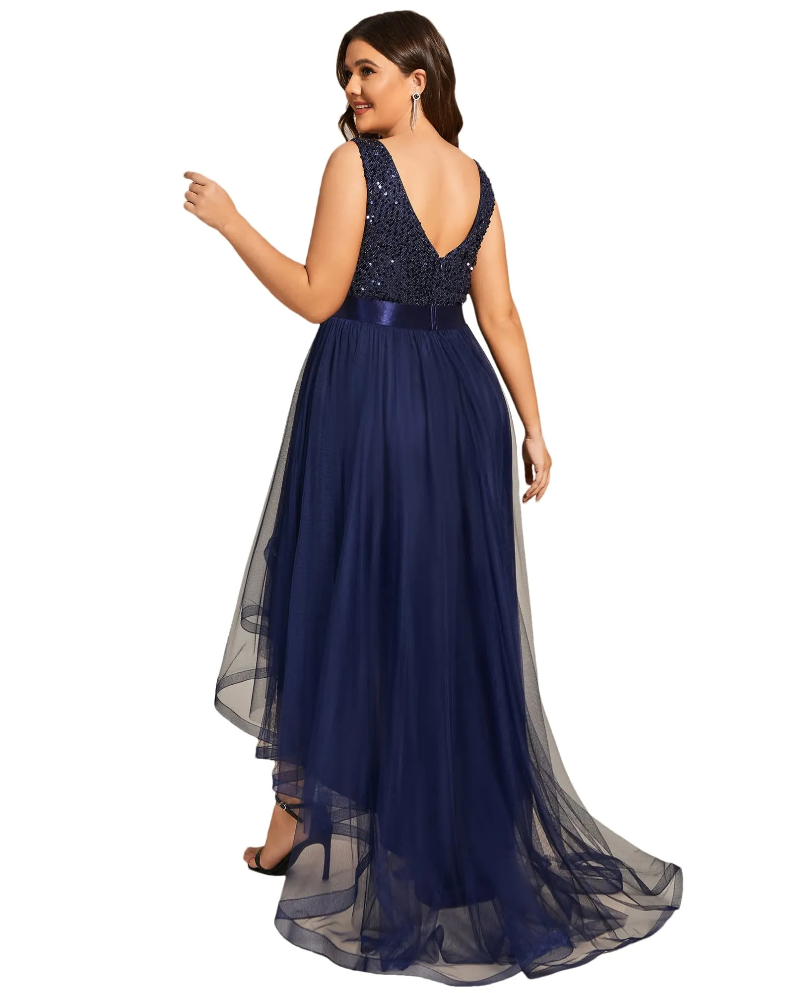 Sleeveless Sequin Ribbon Waist Tulle High Low Evening Dress | Navy Blue