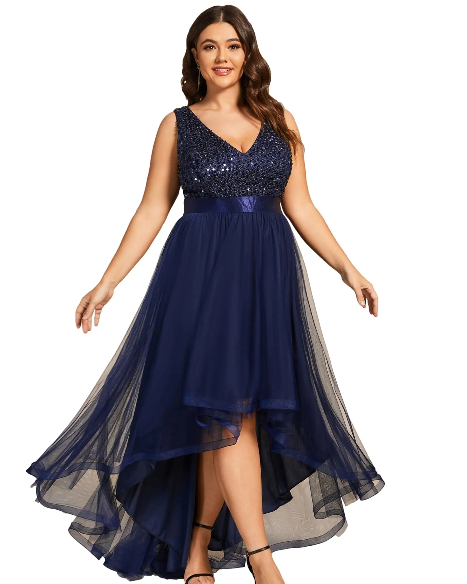 Sleeveless Sequin Ribbon Waist Tulle High Low Evening Dress | Navy Blue