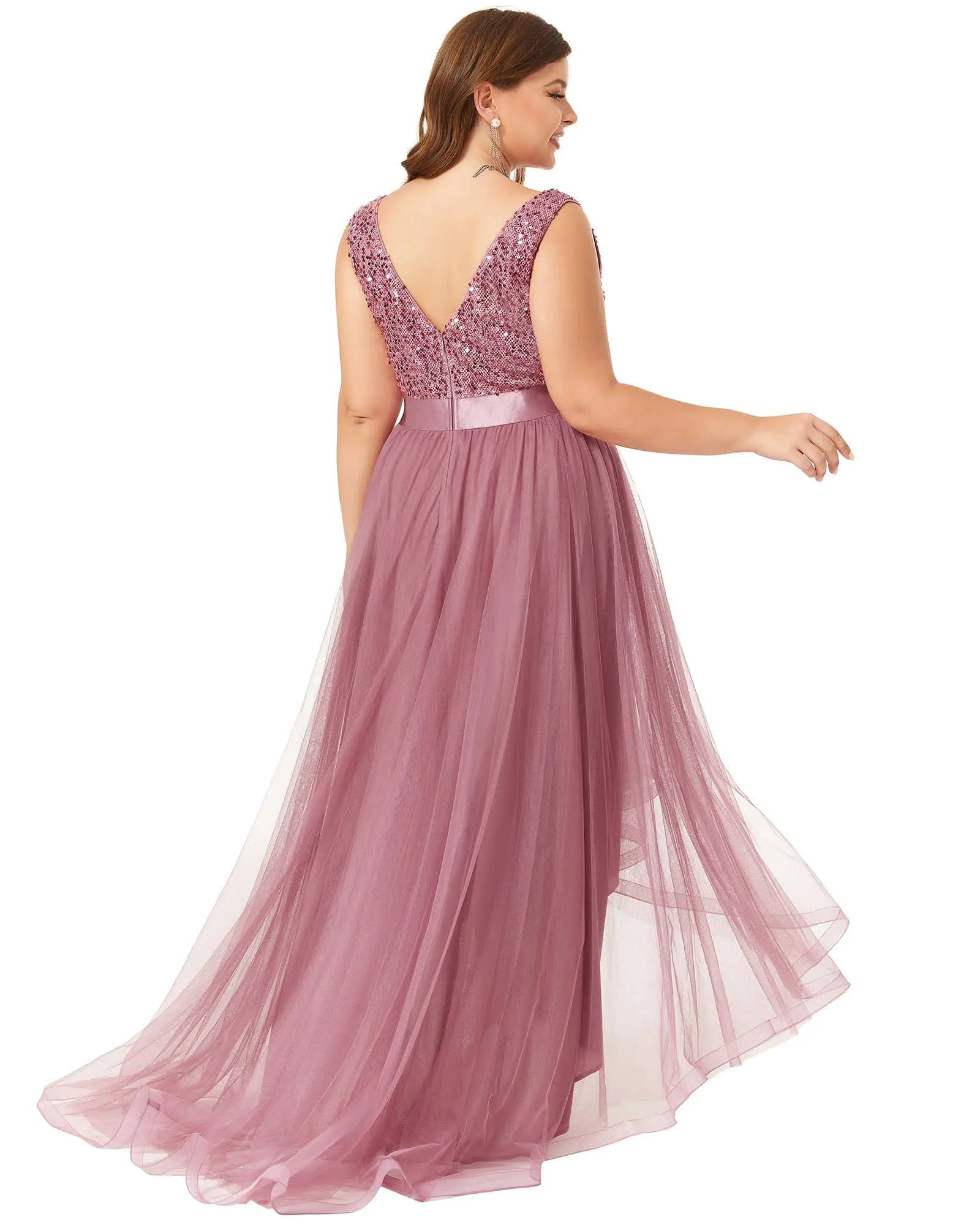 Sleeveless Sequin Ribbon Waist Tulle High Low Evening Dress | Purple Orchid