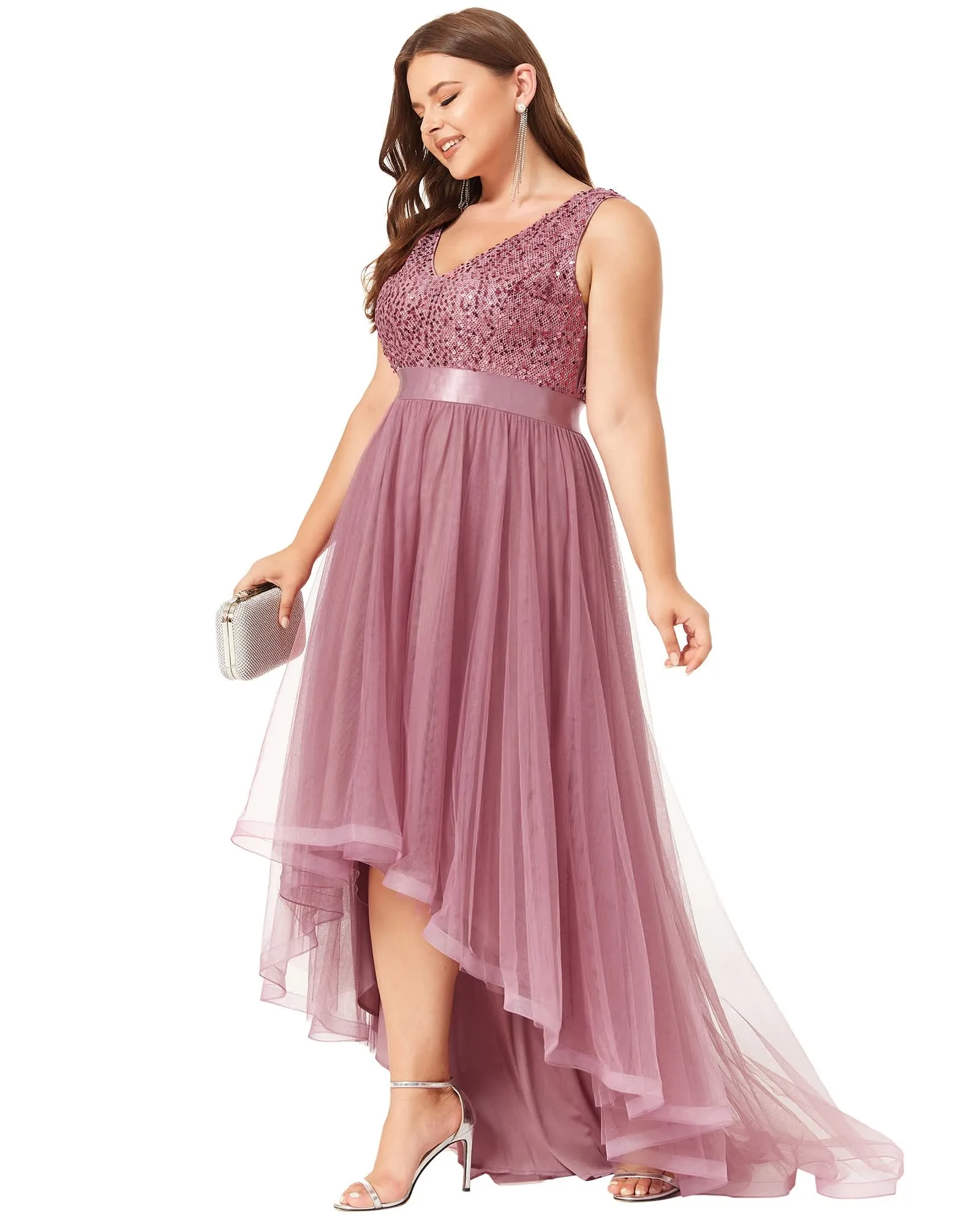 Sleeveless Sequin Ribbon Waist Tulle High Low Evening Dress | Purple Orchid