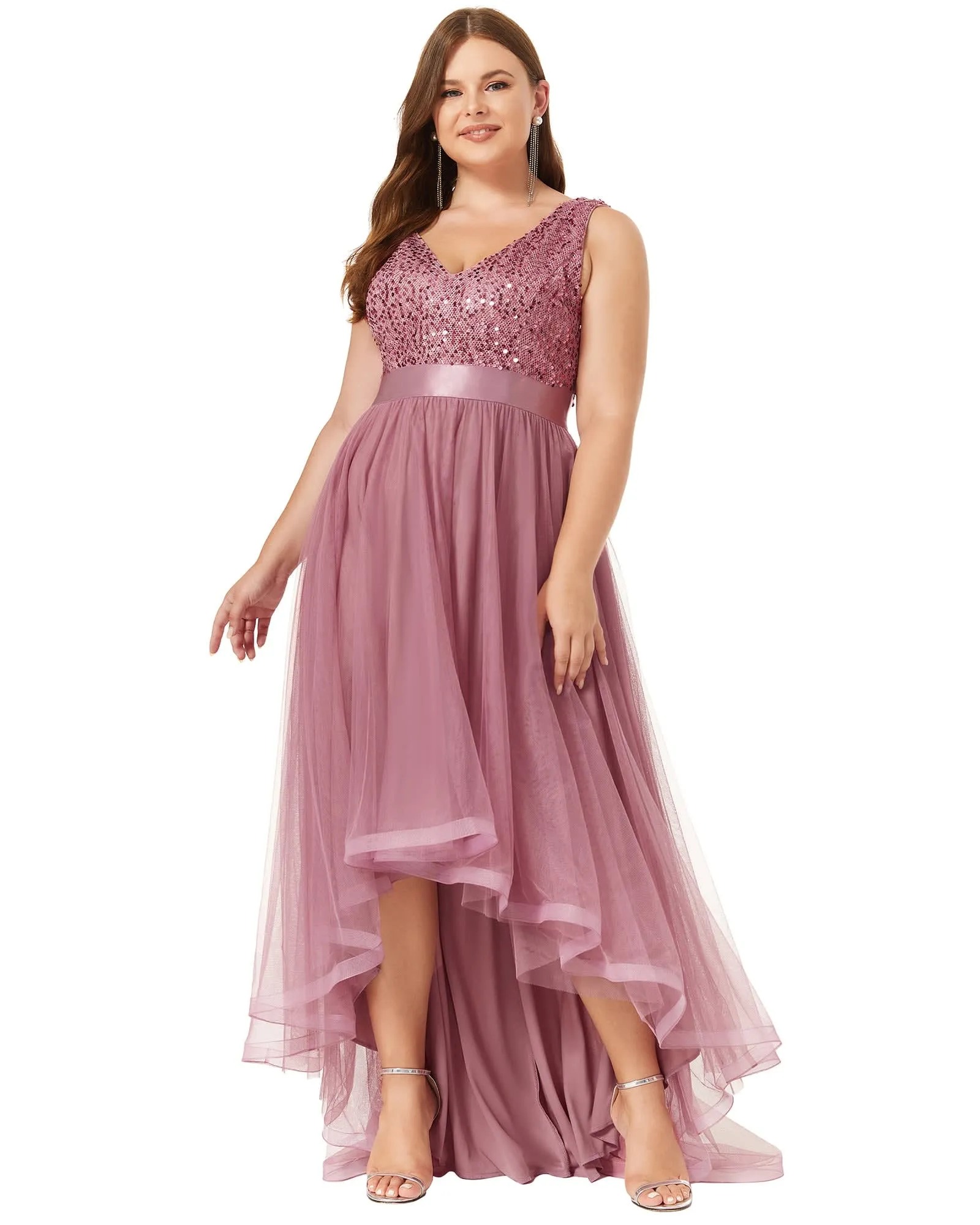 Sleeveless Sequin Ribbon Waist Tulle High Low Evening Dress | Purple Orchid