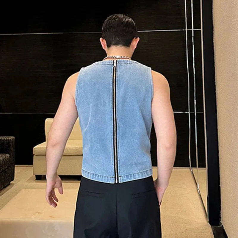 Summer Trendy Men's Washed Denim Tank Top Sleeveless Round Neck Double Zipper Niche Design Personality Vest 9C5938