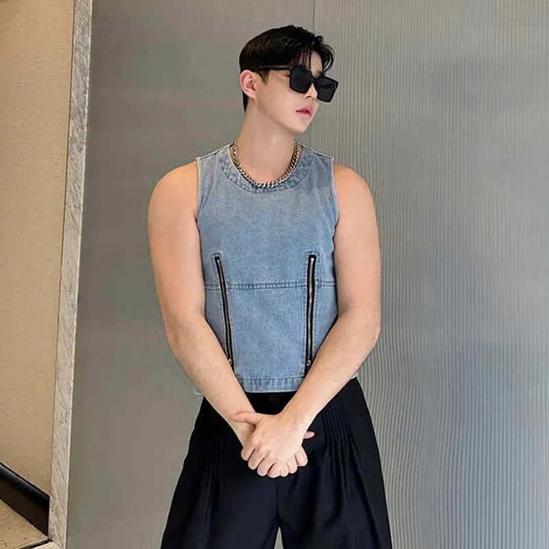 Summer Trendy Men's Washed Denim Tank Top Sleeveless Round Neck Double Zipper Niche Design Personality Vest 9C5938