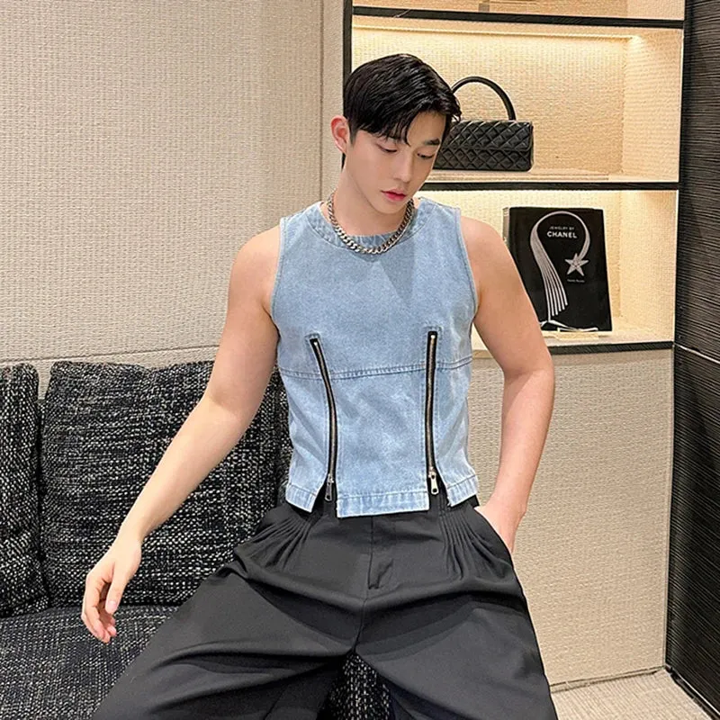 Summer Trendy Men's Washed Denim Tank Top Sleeveless Round Neck Double Zipper Niche Design Personality Vest 9C5938