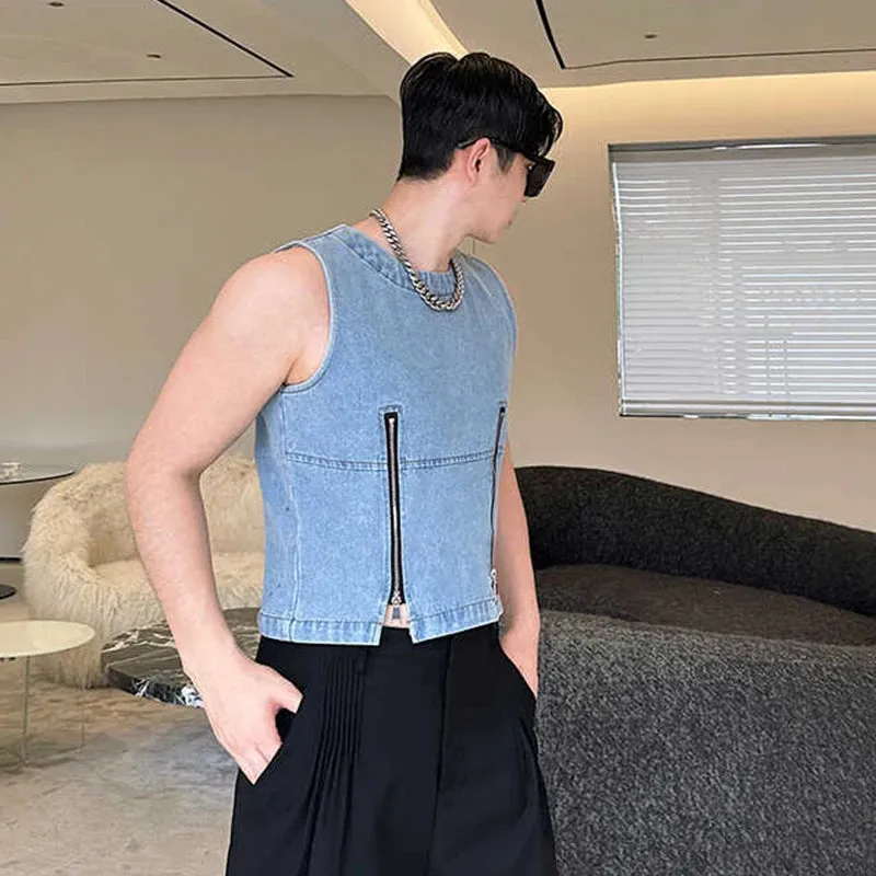 Summer Trendy Men's Washed Denim Tank Top Sleeveless Round Neck Double Zipper Niche Design Personality Vest 9C5938