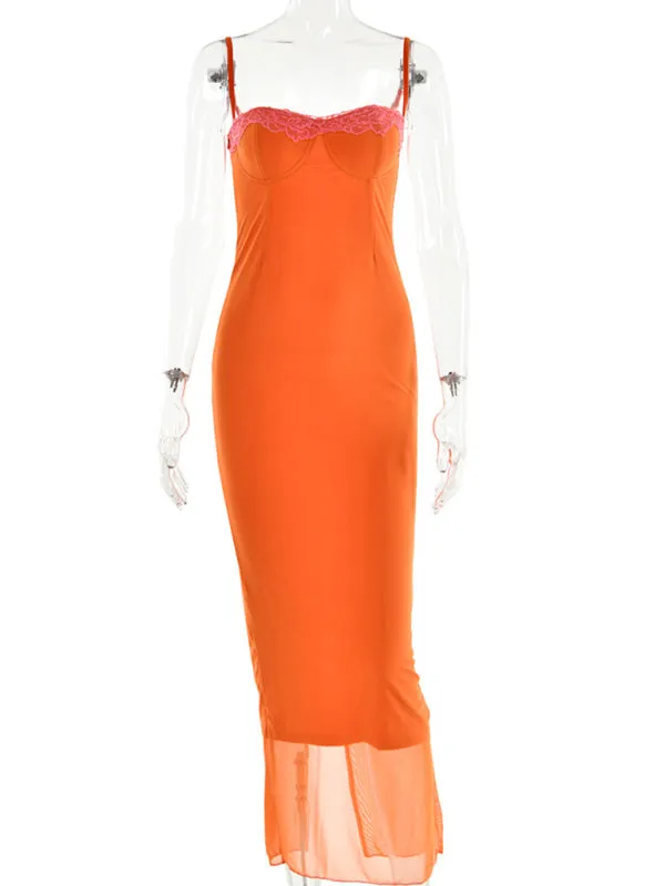 TEEK - Orange Thin S trapless Long Lace Tube Dress