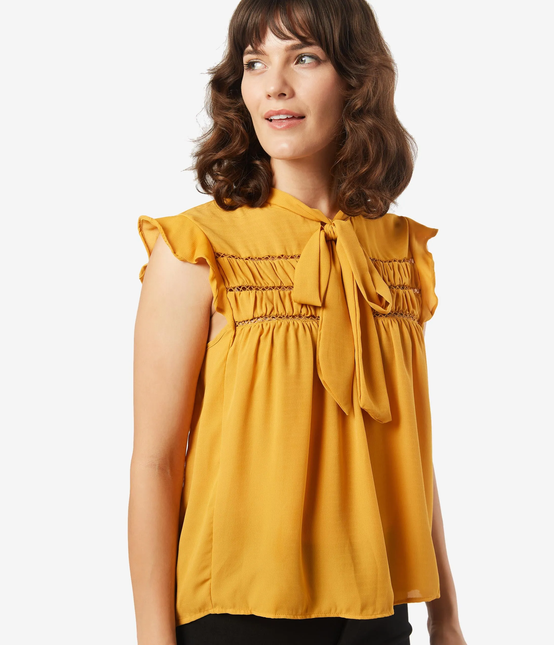 Vintage Style Mustard Ruffle Bow Blouse